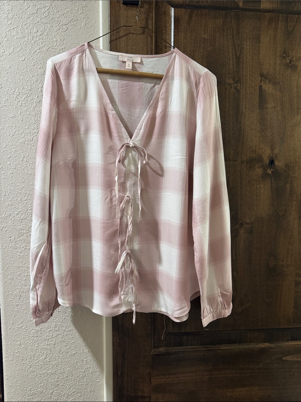 Como Vintage Pink and White Plaid Tie-Front Blouse